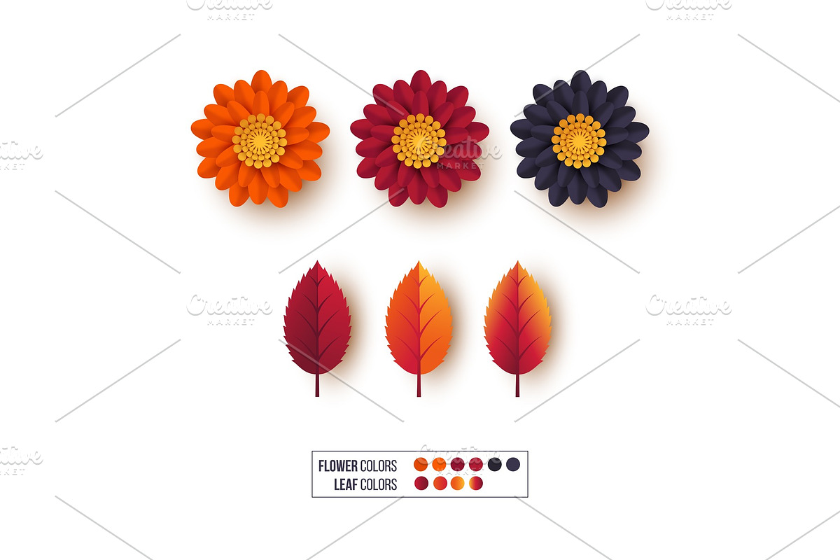 Set of 3d autumn leaves with flowers in Illustrations - product preview 8