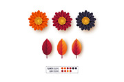 Set of 3d autumn leaves with flowers