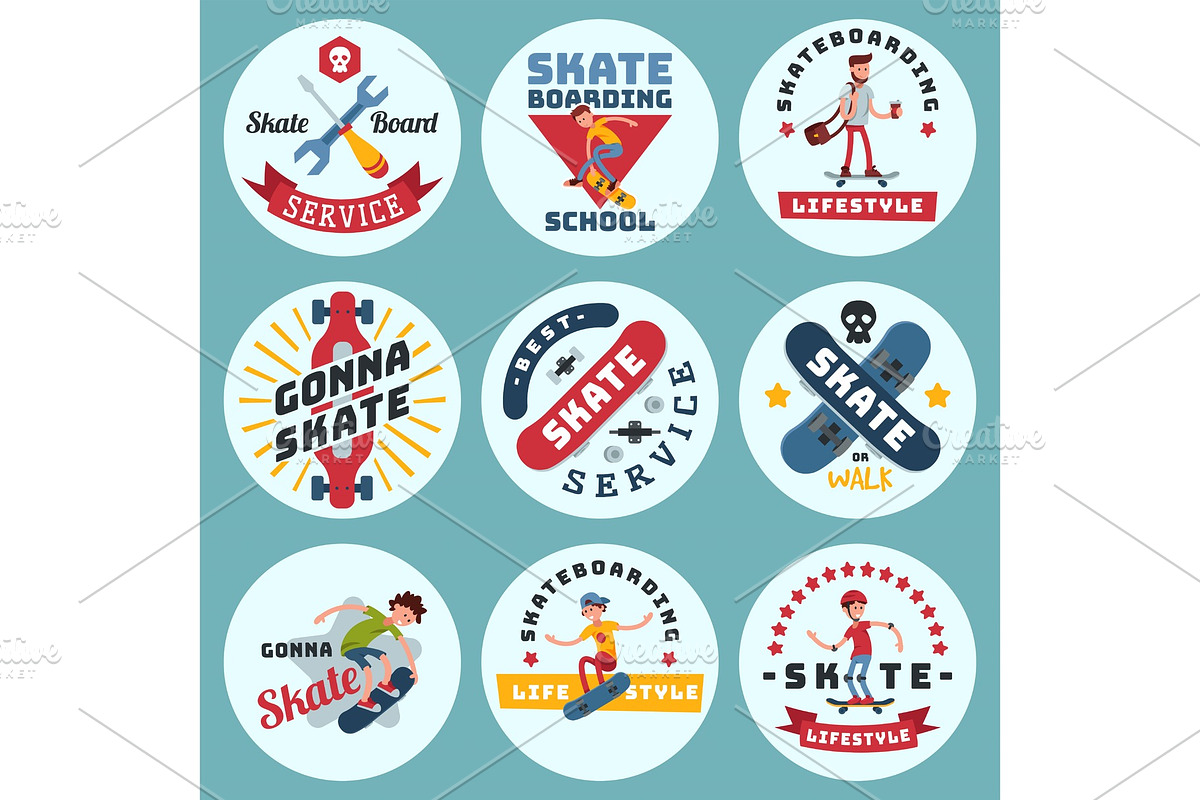 Skateboarders people tricks silhouettes sport badge extreme action active skateboarding urban young jump person vector illustration. in Illustrations - product preview 8