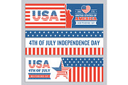 Web banners of USA independence day. Vector design template of horizontal banners with Americans identity symbols