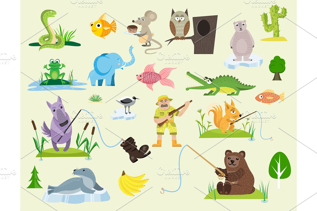 Snake character wildlife nature viper mouse owl frog flat python man character venom predator animal vector illustration. in Illustrations - product preview 8