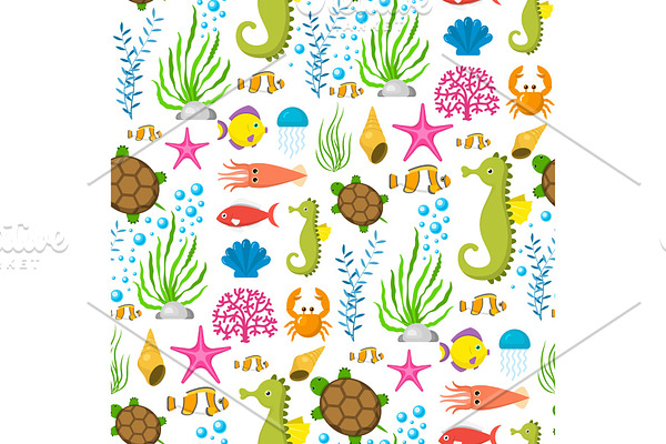 Aquatic funny sea animals underwater creatures cartoon characters shell aquarium sealife seamless pattern background vector illustration.