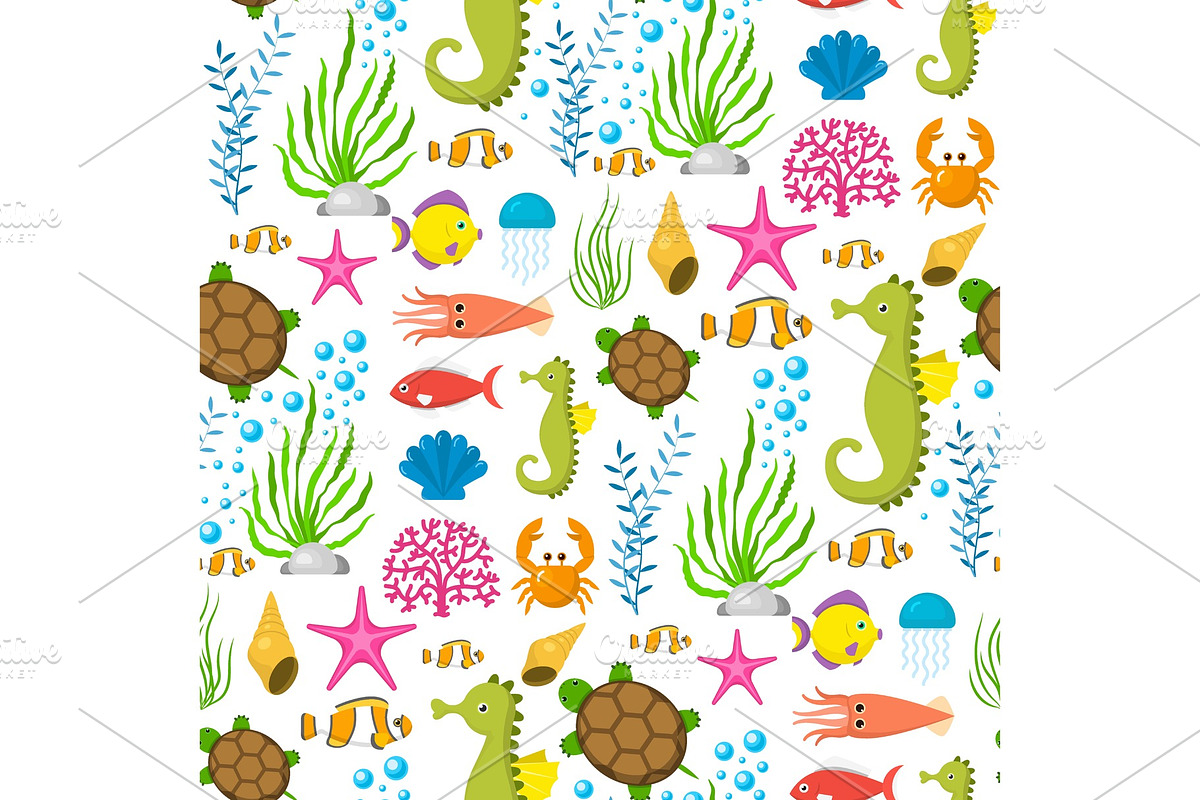 Aquatic funny sea animals underwater creatures cartoon characters shell aquarium sealife seamless pattern background vector illustration. in Illustrations - product preview 8