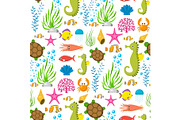 Aquatic funny sea animals underwater creatures cartoon characters shell aquarium sealife seamless pattern background vector illustration.