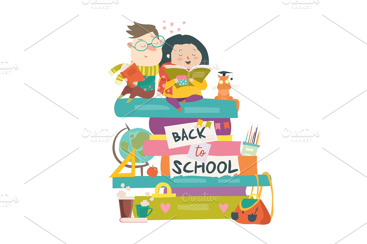 Boy and girl sitting on piles of books. Back to school in Objects - product preview 8
