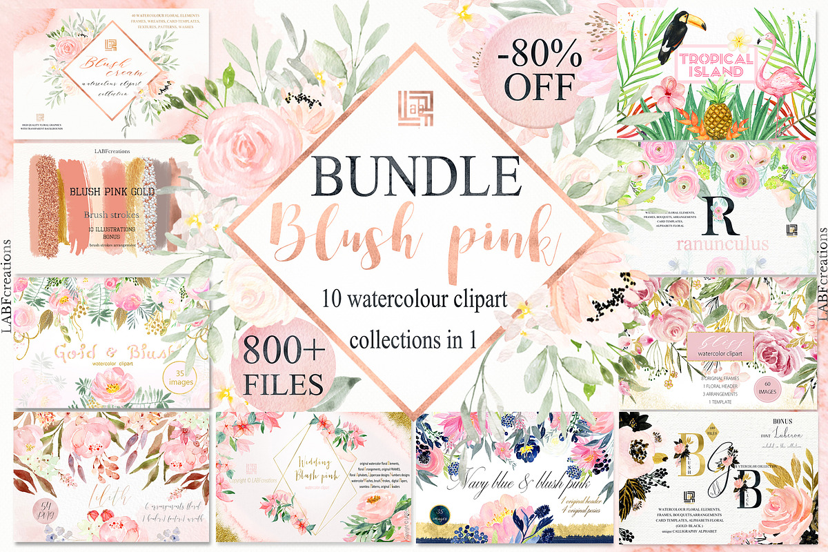 80%OFF Blush Pink watercolor BUNDLE in Illustrations - product preview 8
