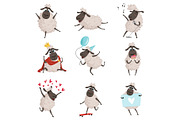 Cartoon farm animals. Sheep playing and making different actions. Vector characters set isolate on white