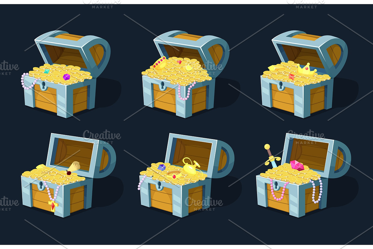 Vector illustration of cartoon chest with treasure in Graphics - product preview 8