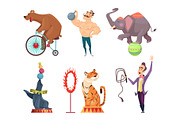 Circus mascots. Clouns, performers, juggler and other characters of circus