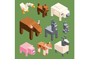 Isometric animals of farm. Vector stylized 3d animals isolate
