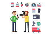 Set thematic symbols of broadcasting and interview. Vector characters isolated