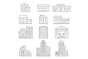 House and business buildings. Vector linear pictures of urban construction