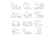 Landscape outline. Mono line symbols of trees and outdoor parks