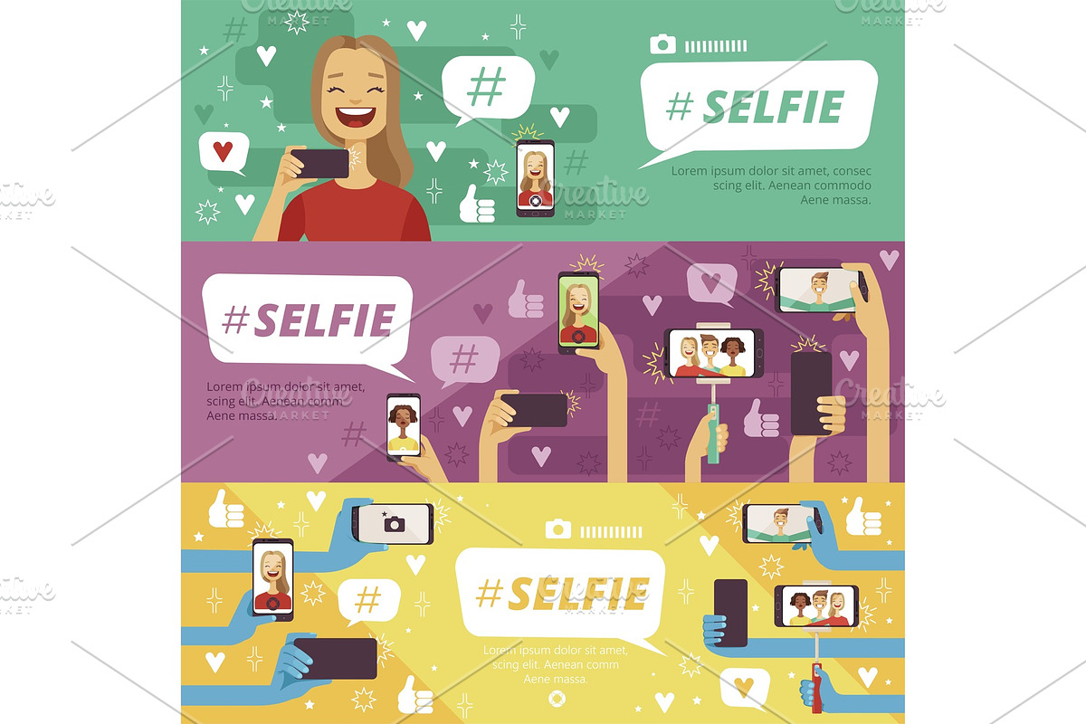 Horizontal banners with people which making selfie photos on his smartphones and photo cameras in Graphics - product preview 8