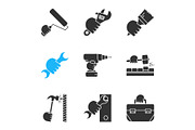 Hands holding instruments glyph icons set