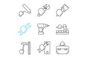 Hands holding instruments linear icons set
