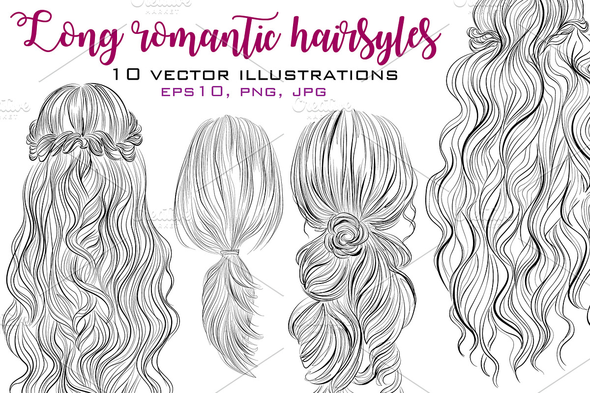 10 Long romantic hairstyles in Illustrations - product preview 8