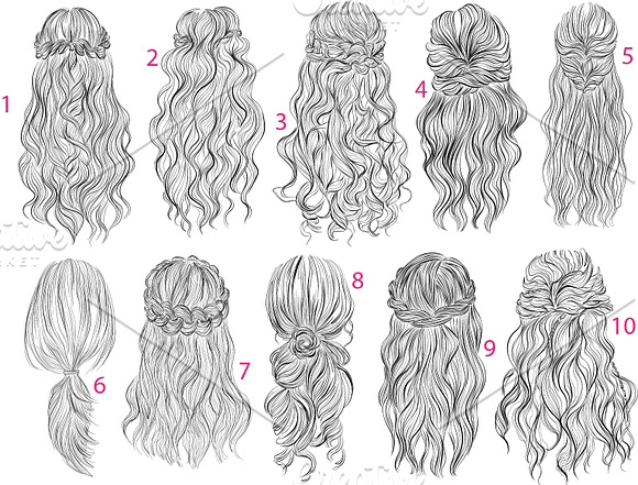 10 Long romantic hairstyles in Illustrations - product preview 1