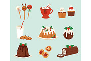 Christmas food vector desserts holiday decoration xmas family diner sweet celebration meal illustration. Traditional festive winter cake homemade x-mas party