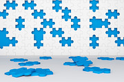 Missing jigsaw puzzle pieces in unfinished work concept. Blue and white pattern texture background. 3d illustration