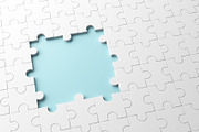 Incomplete jigsaw puzzle with missing pieces, pattern texture on white background. 3d illustration