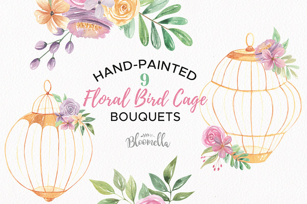 Floral Bird Cage Watercolor Clipart 