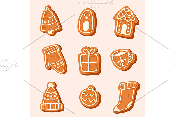 Christmas cake vector sweet desserts food traditional cakes for Xmas dinner and teatime tree, bell, house, sock and penguin illustration