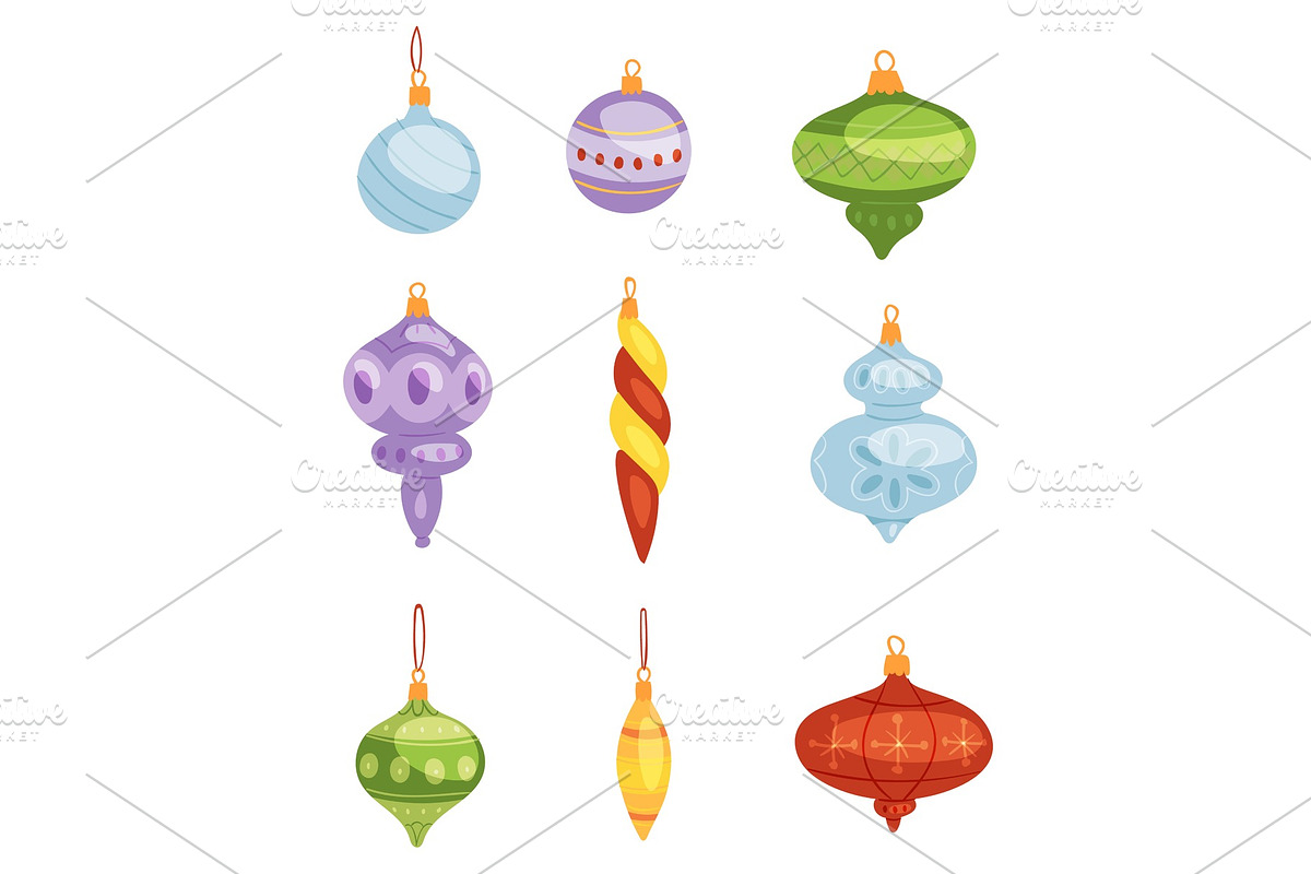 Christmas tree toys vector decorations balls, circle, stars, bells for decorate New Year Xmas tree toys on branches illustration in Objects - product preview 8