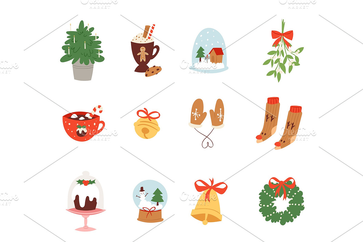 Christmas icons symbols vector for New Year celebration decoration illustration of Xmas festive ornament symbols. in Objects - product preview 8