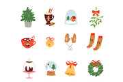 Christmas icons symbols vector for New Year celebration decoration illustration of Xmas festive ornament symbols.