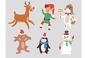 Christmas vector characters cute cartoon Reindeer, Xmas rabbit, Santa dog New Year symbol, elf child boy and penguin individual characteristics illustration