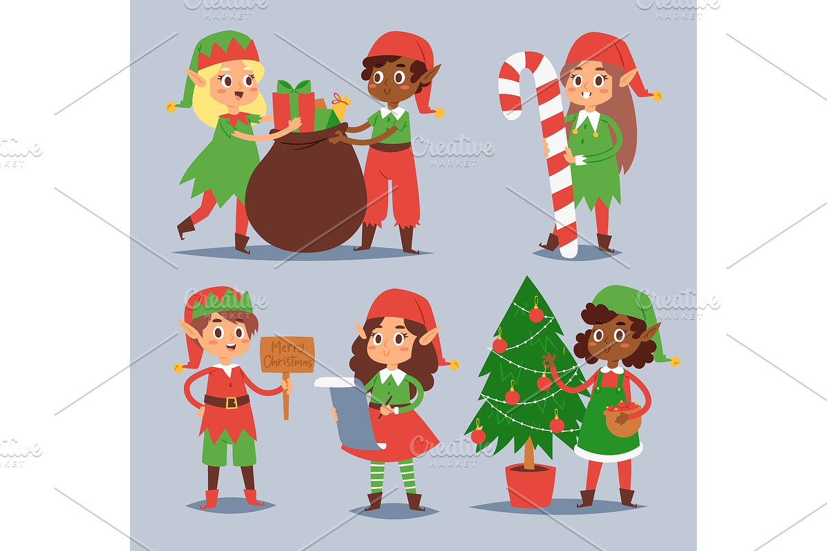 Christmas elfs kids vector children Santa Claus helpers cartoon elfish boys and girls young characters traditional costume celebrated in Objects - product preview 8