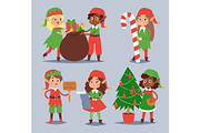 Christmas elfs kids vector children Santa Claus helpers cartoon elfish boys and girls young characters traditional costume celebrated
