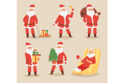 Christmas Santa Claus vector character poses illustration Xmas man in red traditional costume and Santa hat