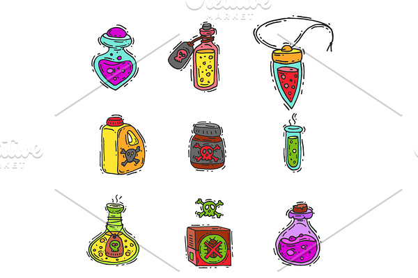 Bottle with potion game magic glass elixir poisoning toxic substance dangerous toxin drug container vector illustration