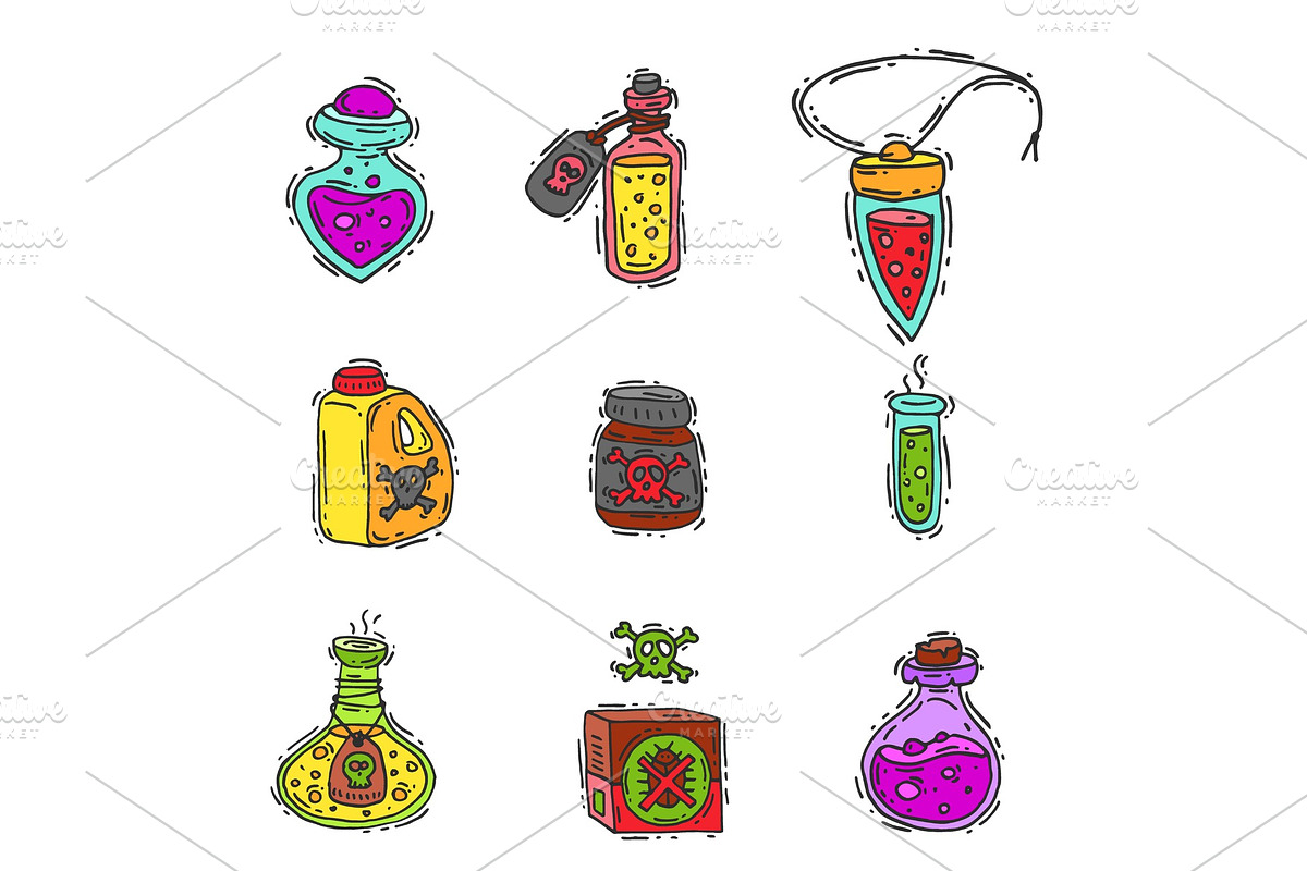 Bottle with potion game magic glass elixir poisoning toxic substance dangerous toxin drug container vector illustration in Objects - product preview 8