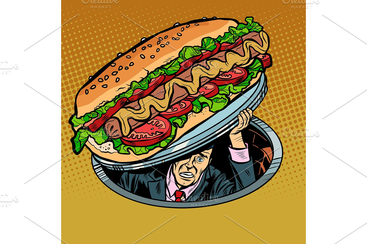 hot dog with sausage and salad. man under fast food in Illustrations - product preview 8