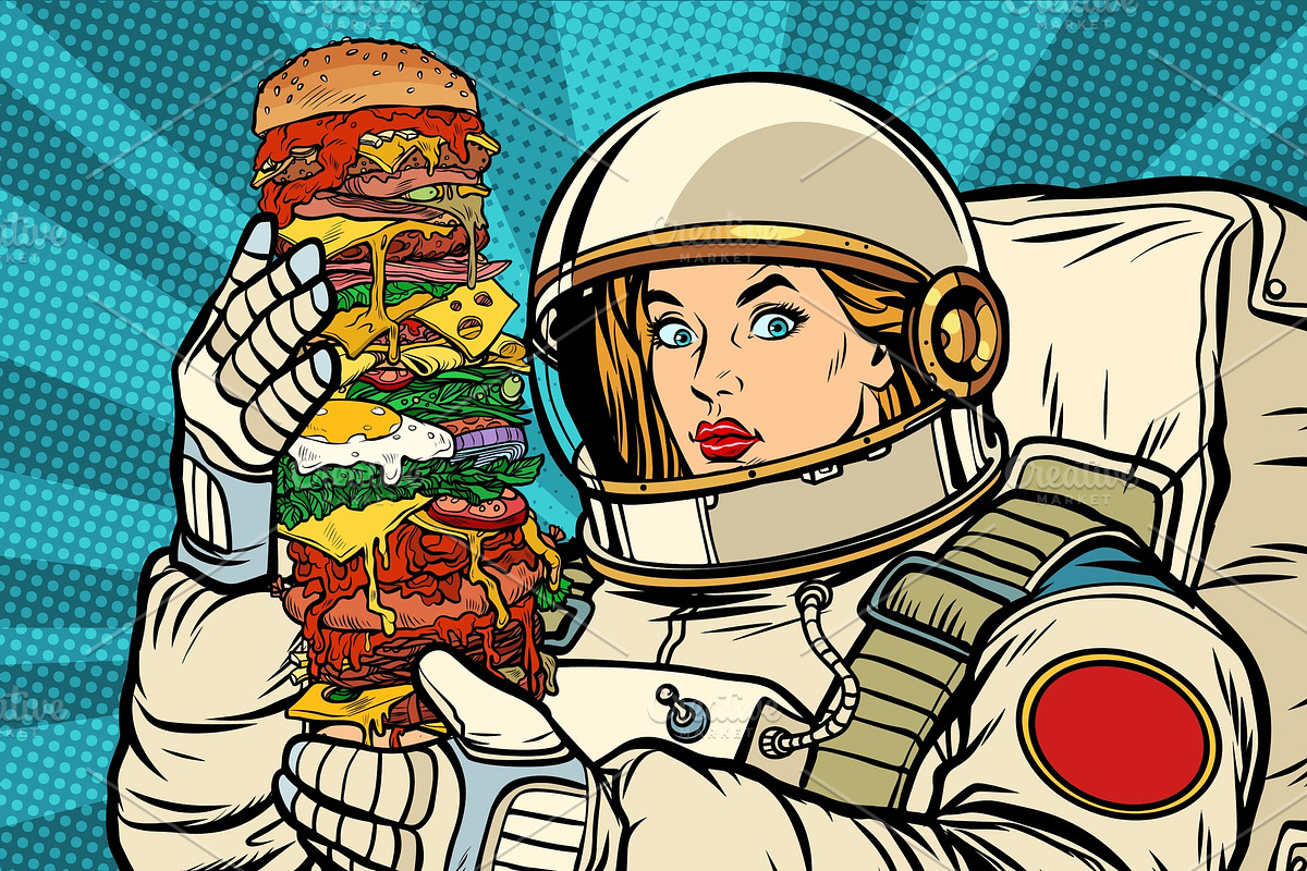 Hungry woman astronaut with giant Burger in Illustrations - product preview 8