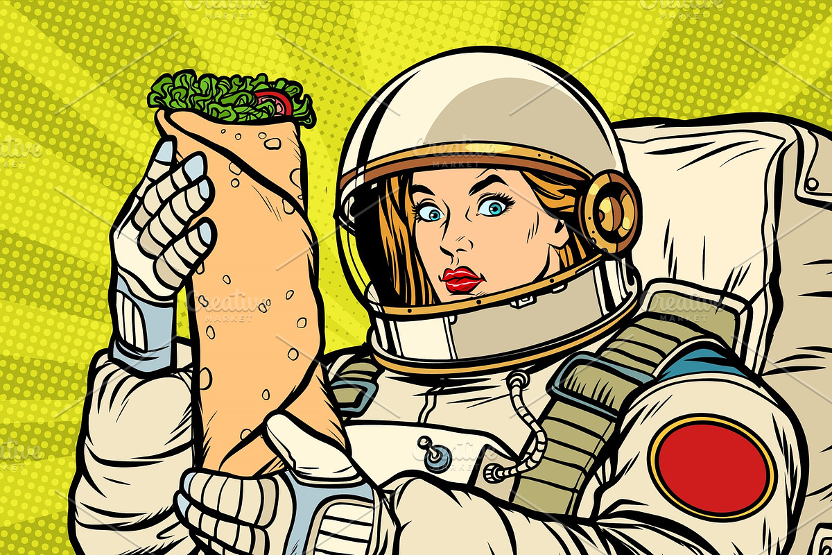 Hungry woman astronaut with Shawarma kebab in Illustrations - product preview 8