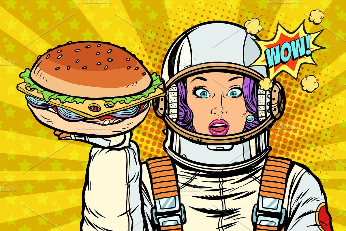 Hungry woman astronaut with Burger in Illustrations - product preview 8