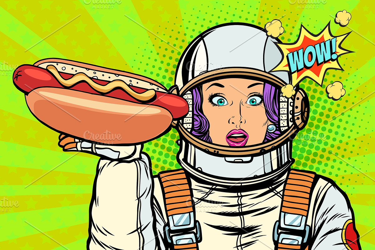 Hungry woman astronaut with hot dog sausage in Illustrations - product preview 8