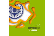 Indian Independence day holiday background. Paper cut shapes with shadow, 3d wheel and halftone effect in traditional tricolor of indian flag. Greeting text, vector illustration.