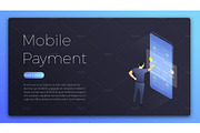 Mobile payment. Isometric illustration of man choosing card for online payment. Online payment concept page design
