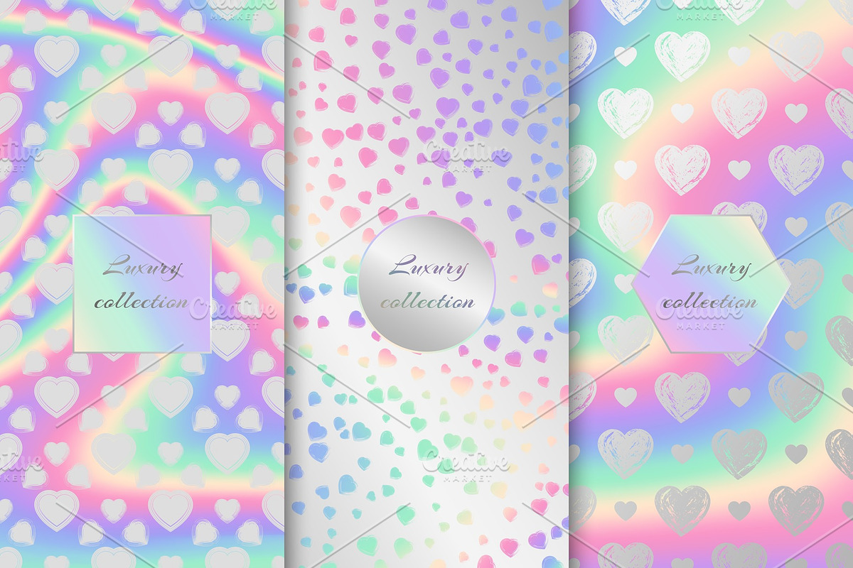 Set of holographic backgrounds with hearts in Illustrations - product preview 8