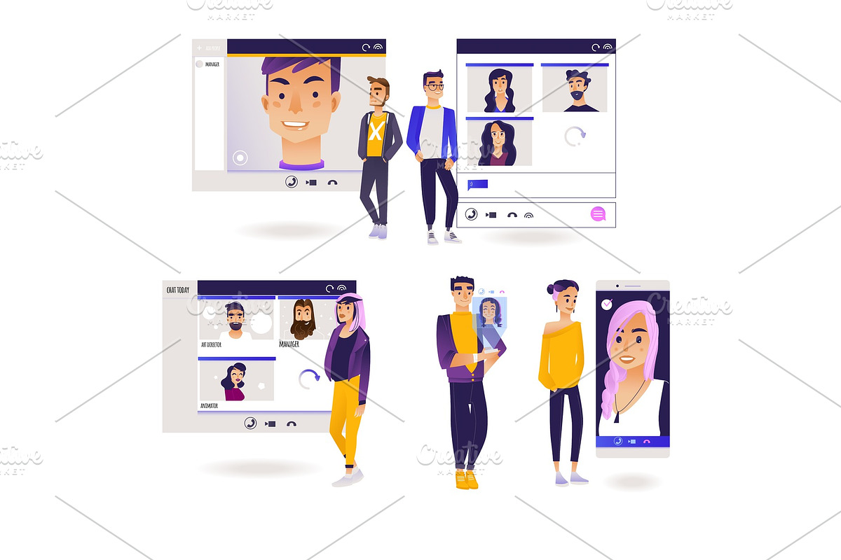 Video call chat conference set with men and women using devices to converse with other people over web camera. in Illustrations - product preview 8