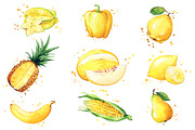 Set of yellow foods, watercolor