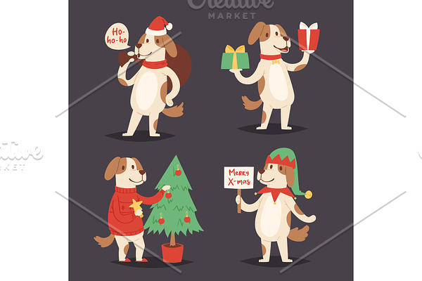 Christmas dog vector cute cartoon puppy character illustration pet doggy Xmas celebrate pose illustration