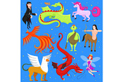 Mythological animal vector mythical creature phoenix or fantasy fairy and characters of mythology centaur unicorn or griffin illustration set of cartoon beasts isolated on background