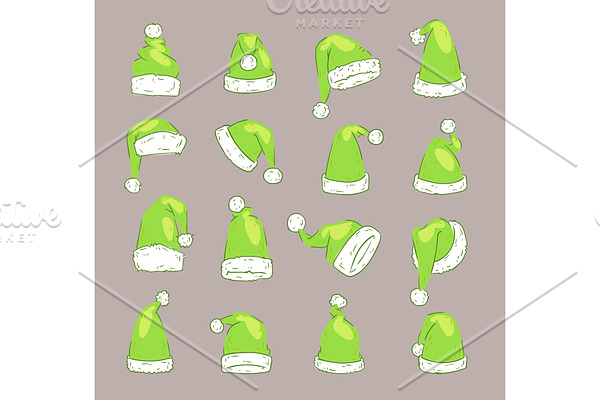 Christmas Santa Claus Green elf hat vector noel isolated illustration New Year Christians Xmas party design decoration hats