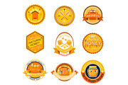 Set bee logo labels for honey products organic farm natural sweet product quality healthy food vector illustration.